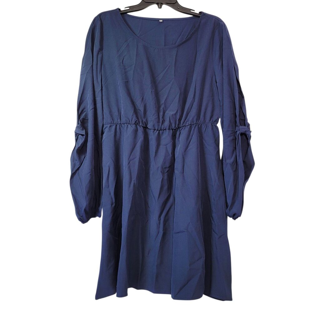 Women Casual Dress Round Neck Lantern Sleeve Short Dress Blue Size Large